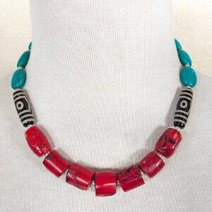 Southwestern Vibrant Red Coral & Turquoise Tribal Print Statement Necklace